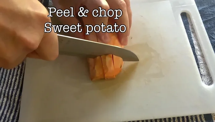 Peel and chop sweet potatoes into 3/4 inch chunks.