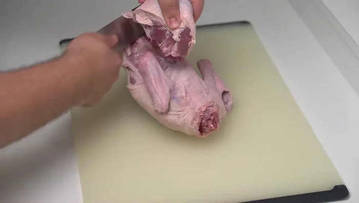 Break down the duck into four pieces (legs and breasts). Reserve carcass and wingtips for stock.