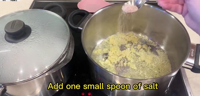 In a separate pot, melt butter with olive oil. Add garlic and sauté until fragrant. Add frozen green coriander directly from the freezer and stir until softened.