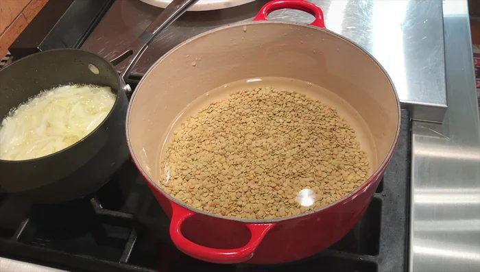 While the onions fry, add the lentils to a pot with water and bring to a boil. Skim off any foam that rises to the surface.