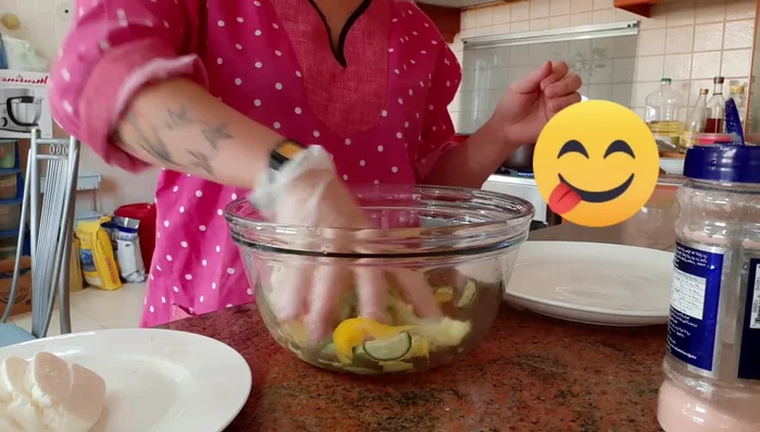 Prepare the other salad ingredients (this part is not detailed in the transcript but implied).