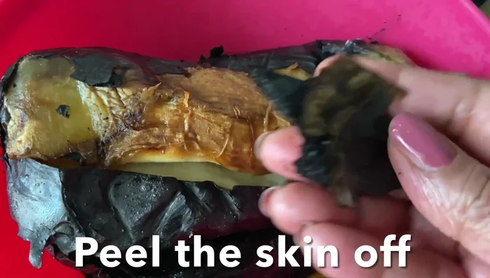 Peel the skin off the eggplant and remove the flesh, discarding the skin. Remove excess seeds to prevent bitterness.