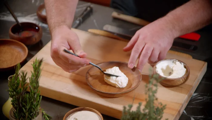 Arrange the three dips (whipped eggplant, whipped ricotta, and white bean puree) on a platter. Garnish each dip accordingly (honey for ricotta, salsa rosa for white bean, olive oil for eggplant).