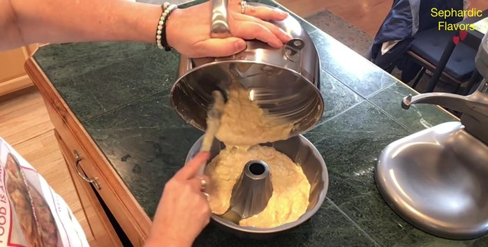 Pour batter into the prepared baking dish.