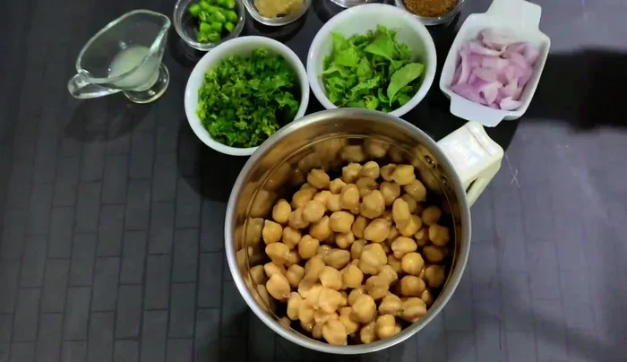 Grind all ingredients except gram flour and baking powder. If not frying immediately, omit salt.