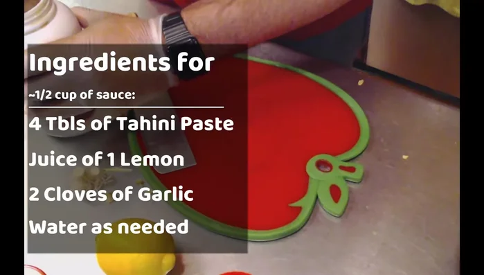 Prepare the Toum sauce: In a bowl, vigorously stir tahini until smooth. (152.53)