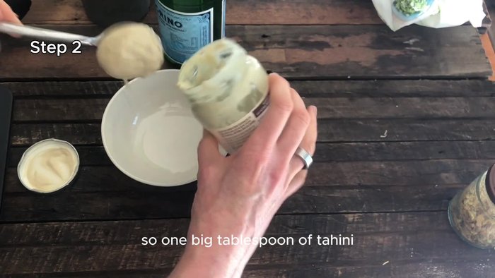Make the tahini sauce: In a bowl, mix 1 tbsp tahini, 2 tbsp water, and a pinch of salt until smooth.