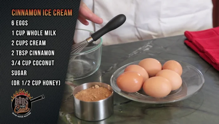 Make cinnamon ice cream: Whisk egg yolks, coconut sugar, honey, and cinnamon. Gradually whisk in hot milk and cream until smooth. Strain the mixture and chill for 30 minutes before churning in ice cream maker.