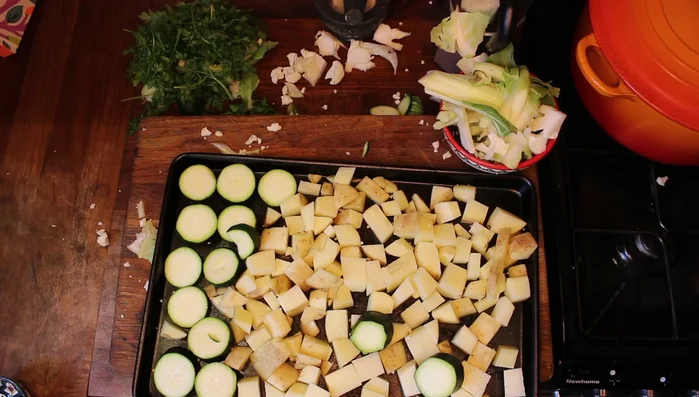 Toss vegetables with oil and roast for 45 minutes at a high temperature, until golden brown and crispy.