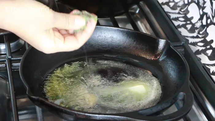 While the lamb is baking, prepare the Brussels sprouts. Melt butter and lime juice in a pan.