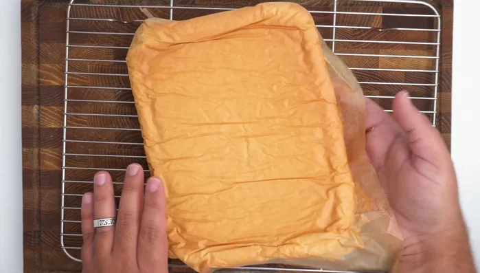Let the cake cool completely. (Note: Overmixing makes the cake rubbery.)