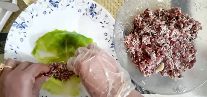Assemble the rolls: Spread a layer of filling onto a cabbage leaf. Fold and roll tightly.