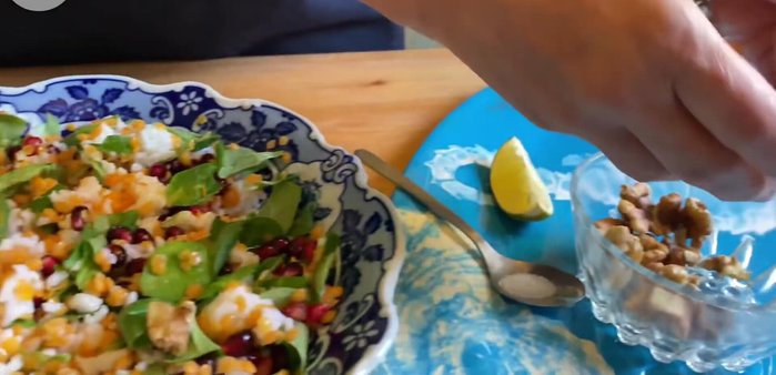 Add walnuts (reserve some for garnish).