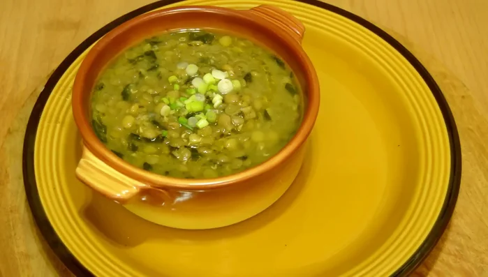 Serve with green onion, a little olive oil, and toast bread.
