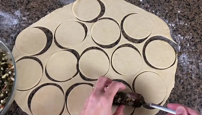 Add a generous amount of filling to each dough circle.