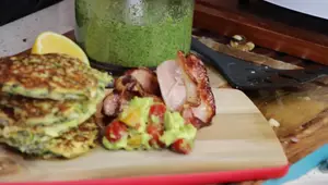 Fennel & Zucchini Fritters with Avocado Salsa & Walnut Pesto