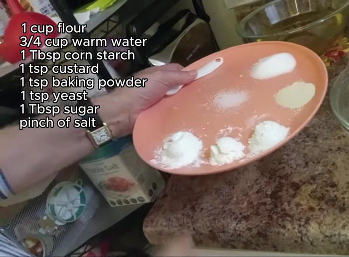 Mix dry ingredients: Combine flour, starch, custard powder/baking powder, yeast, sugar, and salt in a bowl.