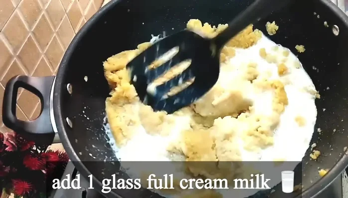 Add milk to the mixture to create a creamy texture.