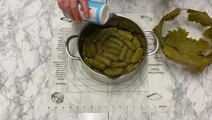 Place the dolma in an oven-safe pot. Add a pinch of salt and 3 tablespoons of olive oil. Cover with remaining vine leaves and place lemon halves on top. (327.919)
