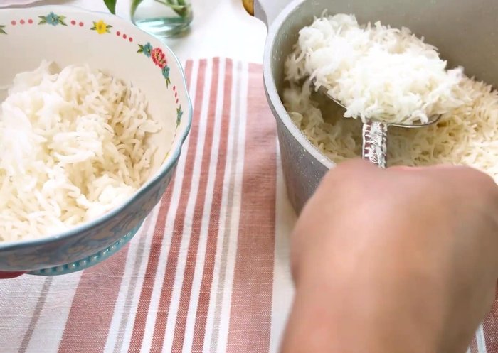 After the rice is ready, make saffron rice by adding some saffron to a portion of the rice. Add some melted butter for taste.