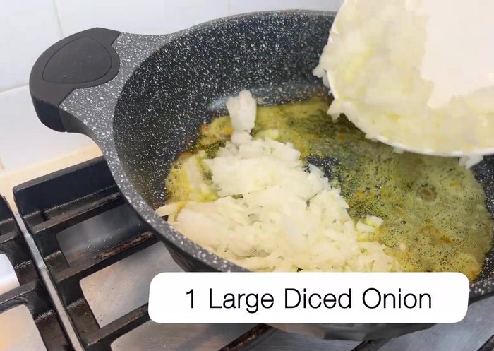 Dice one large onion and add it to the pan. Sauté for 2-3 minutes.