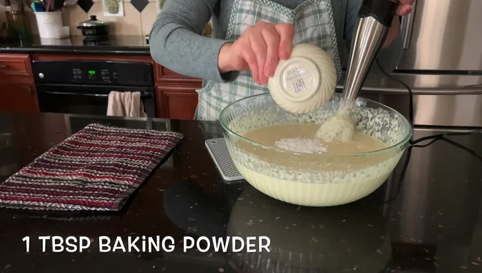 Add baking powder and mix until bubbles appear on the surface. Let rest for 1-2 minutes.