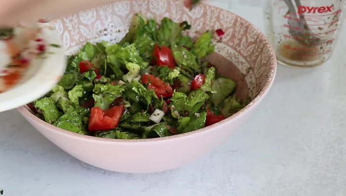 Add the remaining vegetables and fried pita chips as a garnish.