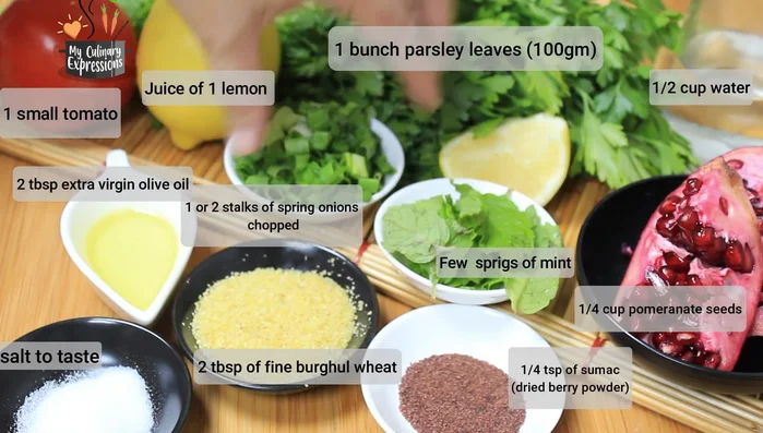 Add chopped spring onions, mint, parsley, pomegranate seeds, lemon juice, and olive oil to the soaked bulgur.